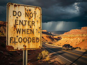 Storm clouds building over Flagstaff, Arizona, with the title Southwest Monsoon Flash Flood Overland Safety overlaid in bold white text with thick black outline.